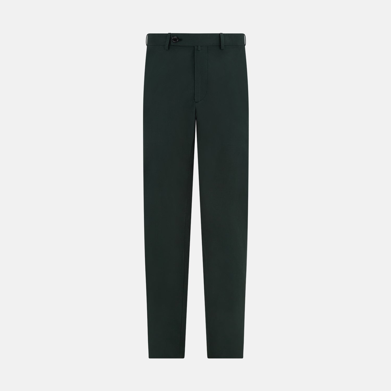 View 9 of product The Hunter Green Winston Trousers by Turnbull & Asser are crafted in high-twist cotton with straight legs, belt loops, button closure, and front zipper, shown against a plain light background.