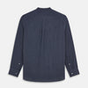 View 5 of product The Turnbull & Asser Navy Check Cotton Weekend Fit Blake Shirt features a long-sleeve, button-up design with a stand collar and white buttons, shown on a white background.