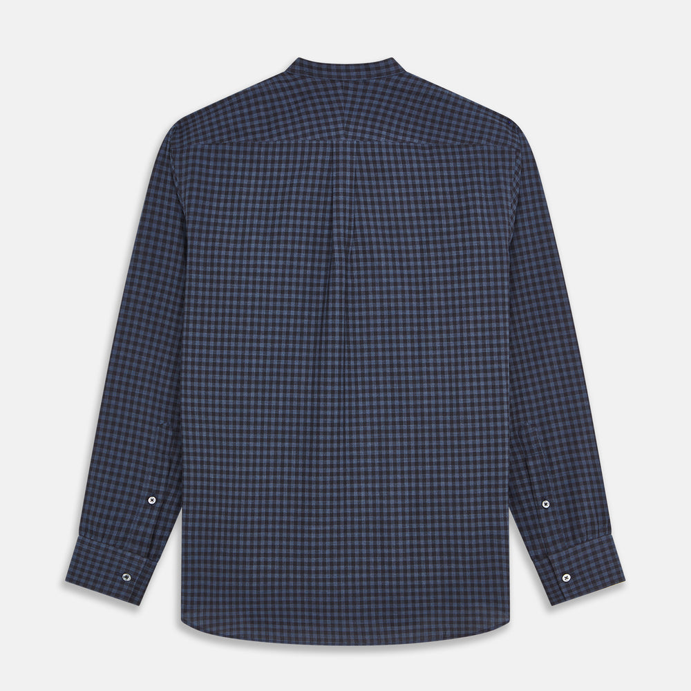 The Turnbull & Asser Navy Check Cotton Weekend Fit Blake Shirt features a long-sleeve, button-up design with a stand collar and white buttons, shown on a white background.