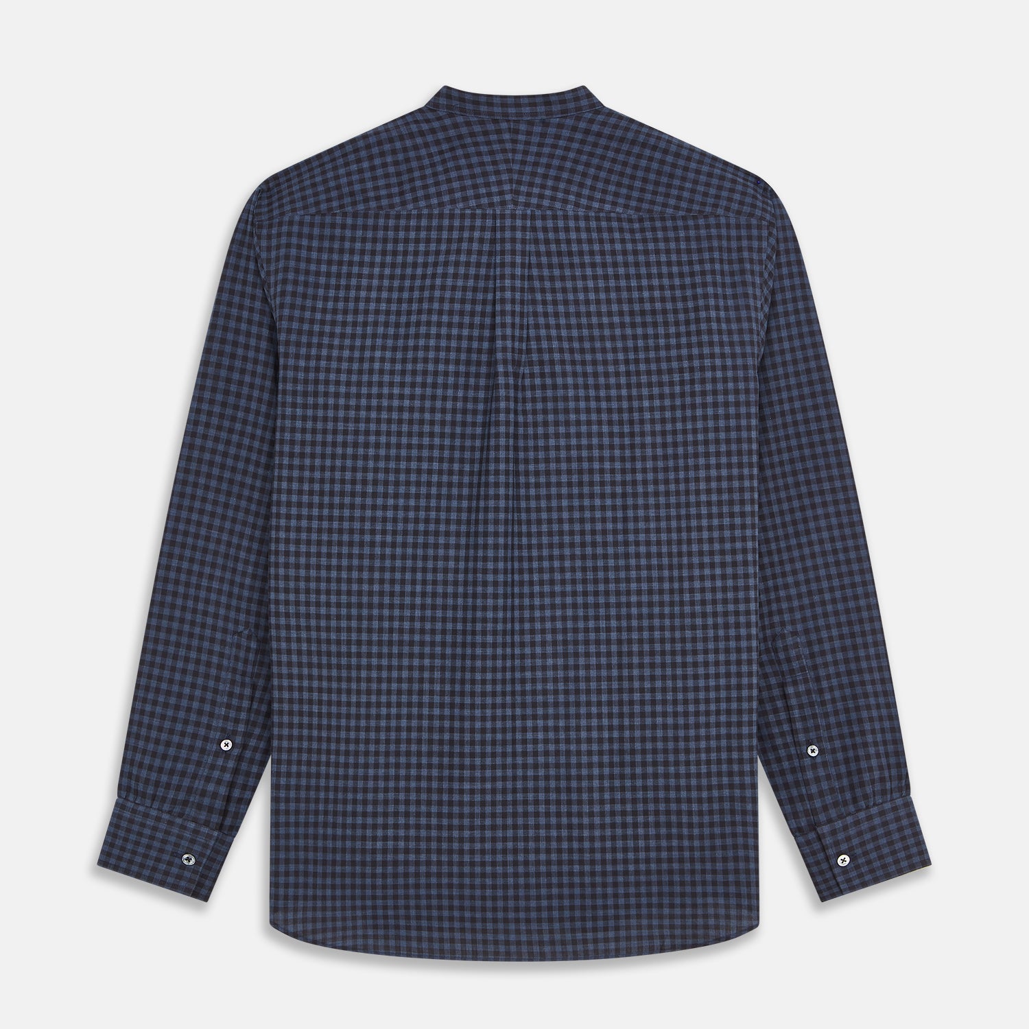 View 5 of product The Turnbull & Asser Navy Check Cotton Weekend Fit Blake Shirt features a long-sleeve, button-up design with a stand collar and white buttons, shown on a white background.