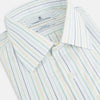 View 2 of product The Turnbull & Asser Multi Tone Double Pinstripe Mayfair Shirt is a long-sleeve pure cotton shirt with a collar and thin blue, green, and yellow double pinstripes on a white background.
