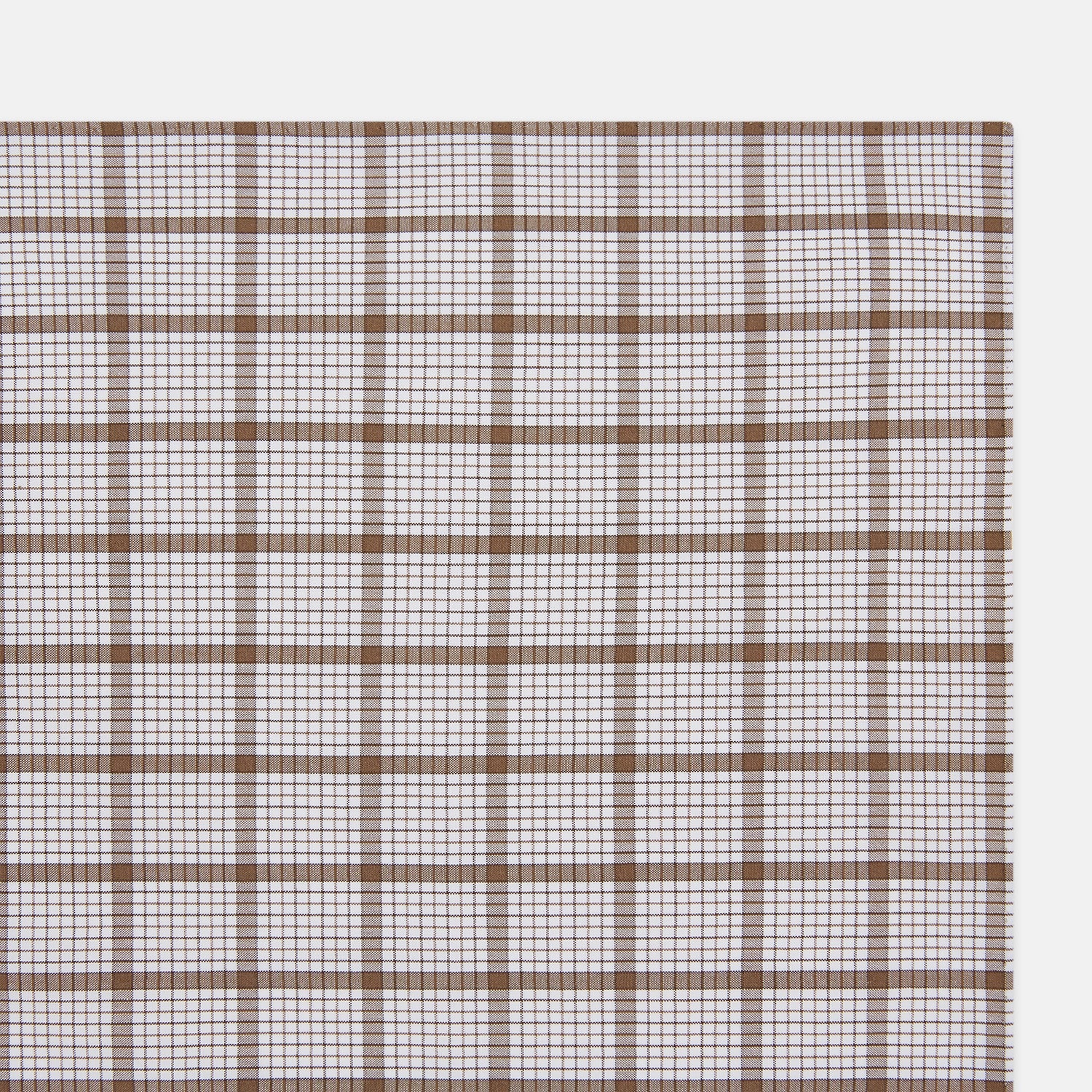 View 2 of product The Turnbull & Asser Hand Rolled Brown Overlay Check Handkerchief is a rectangular white cotton accessory with evenly spaced brown and black grid lines, forming squares—a timeless classic for gentlemen.