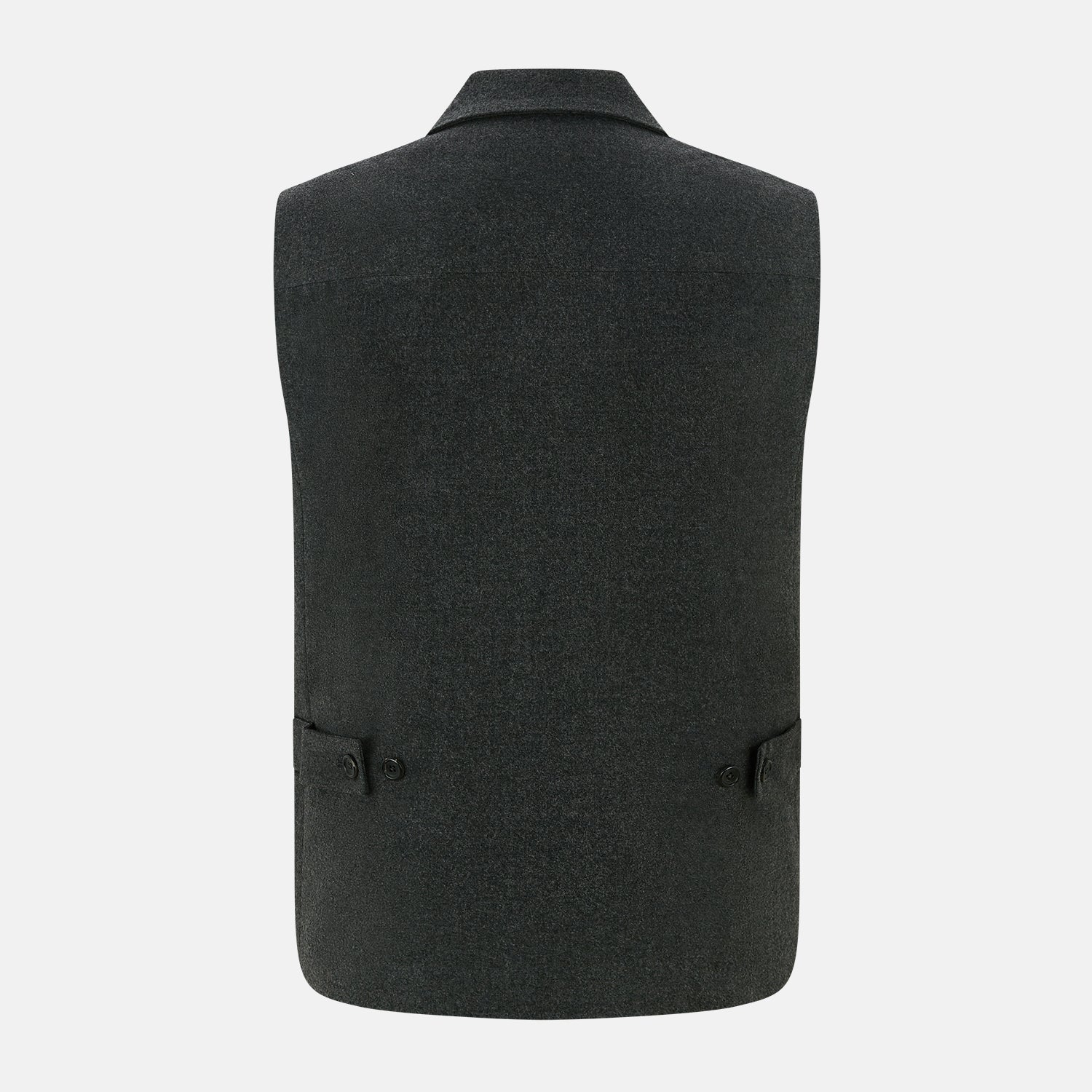 View 3 of product The Graphite Melange Collared Single-breasted Waistcoat by Turnbull & Asser features a dark gray hue, front buttons, collar, two zippered side pockets, and a chest pocket—perfect for winter. Shown on a plain white background.