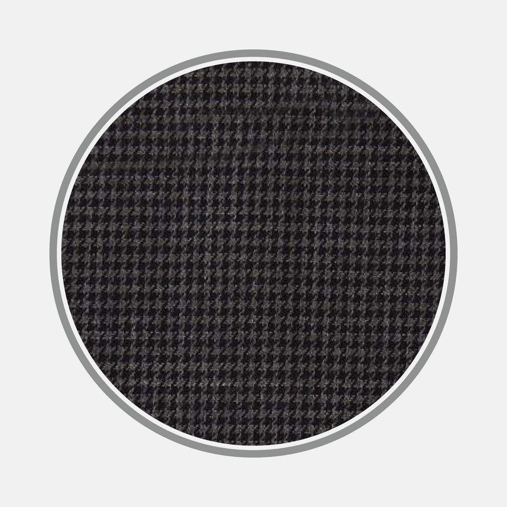 Close-up of Turnbull & Asser's Black Check Cotton Fabric, featuring a small black and gray houndstooth pattern, shown within a circular frame on a plain white background.