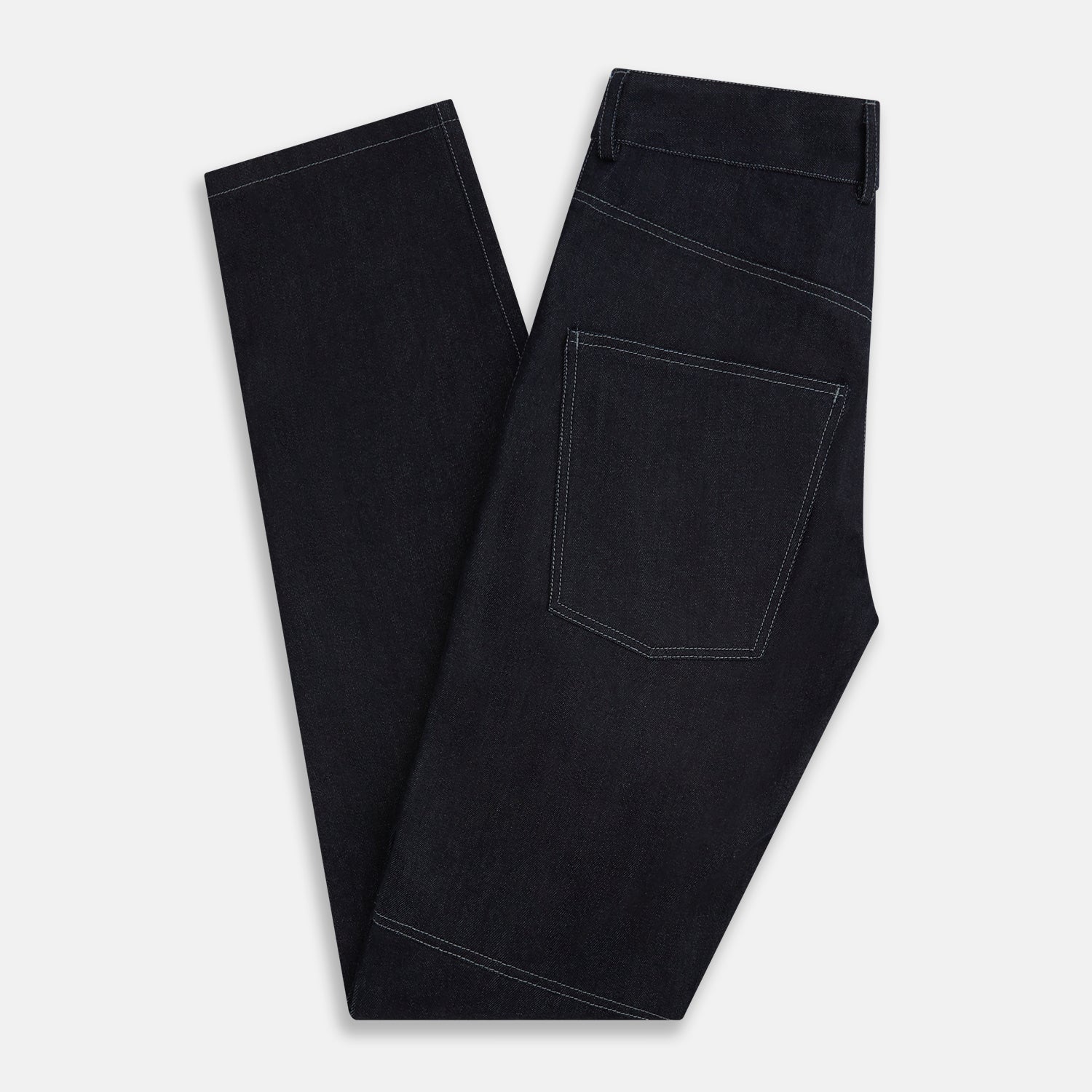 View 6 of product Turnbull & Asser Navy Denim Trousers feature a classic straight-leg cut, button and zipper closure, five-pocket workwear styling, and both front and back pockets, shown against a plain light background.