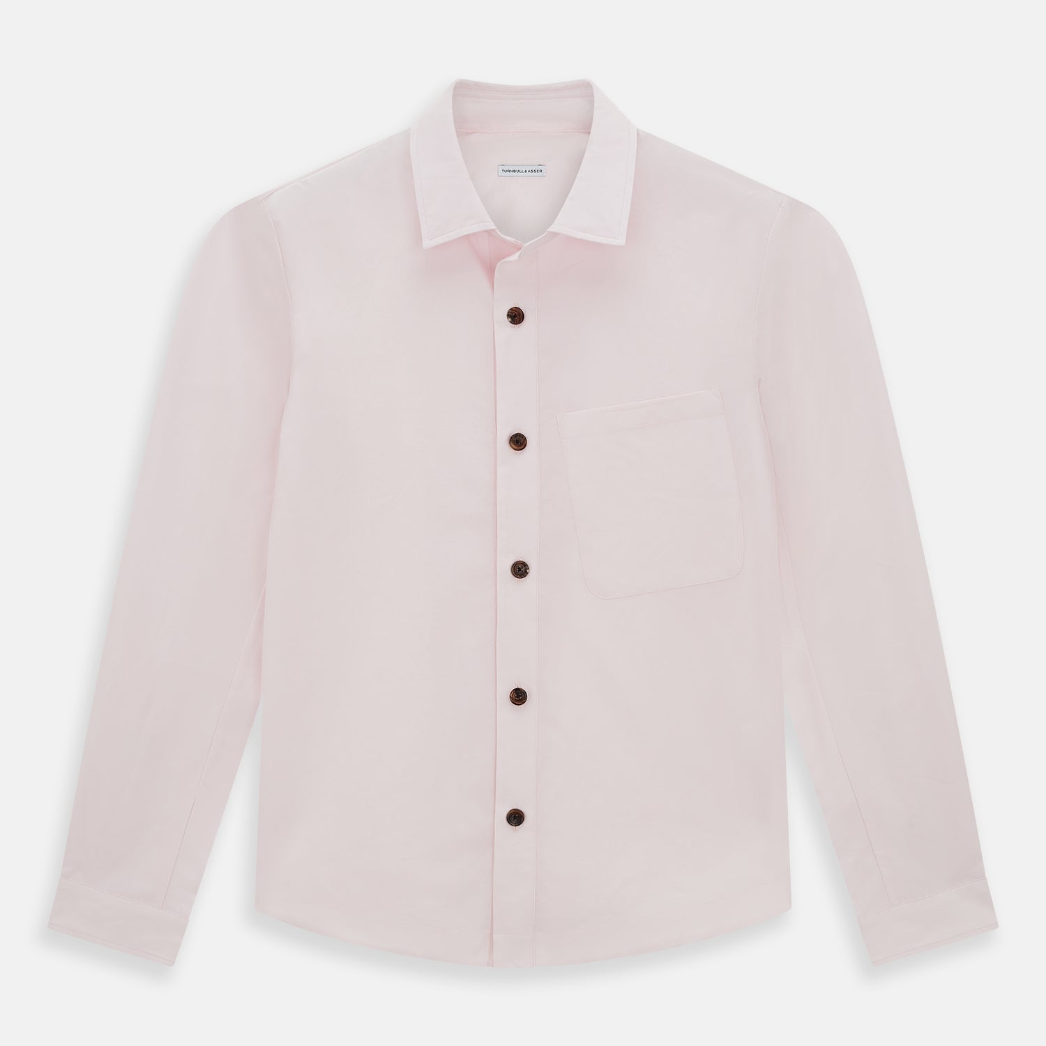 View 1 of product The Soft Pink Hyde Overshirt by Turnbull & Asser features long sleeves, sanforised cotton, dark buttons, and a left front pocket, shown laid flat on a white background.