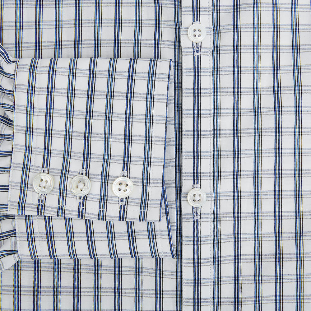 The Azzurro Multi Check Westminster Shirt by Turnbull & Asser is a long-sleeve, button-up with a white base and blue and gray checks, displayed flat against a white background.