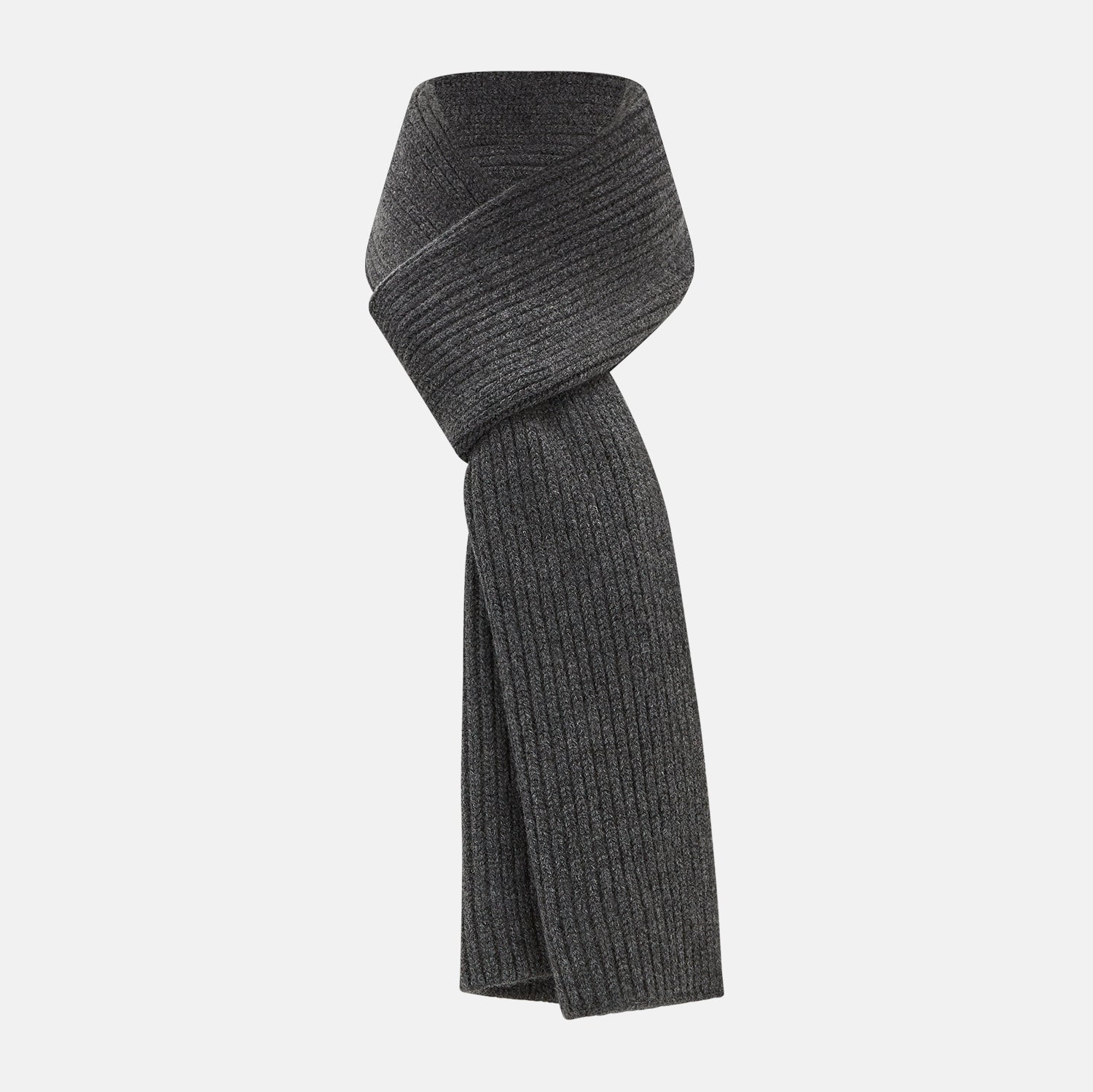 View 1 of product The Turnbull & Asser Graphite Rib-Knit Cashmere Scarf, a luxury winter accessory, is shown neatly looped against a plain white background.