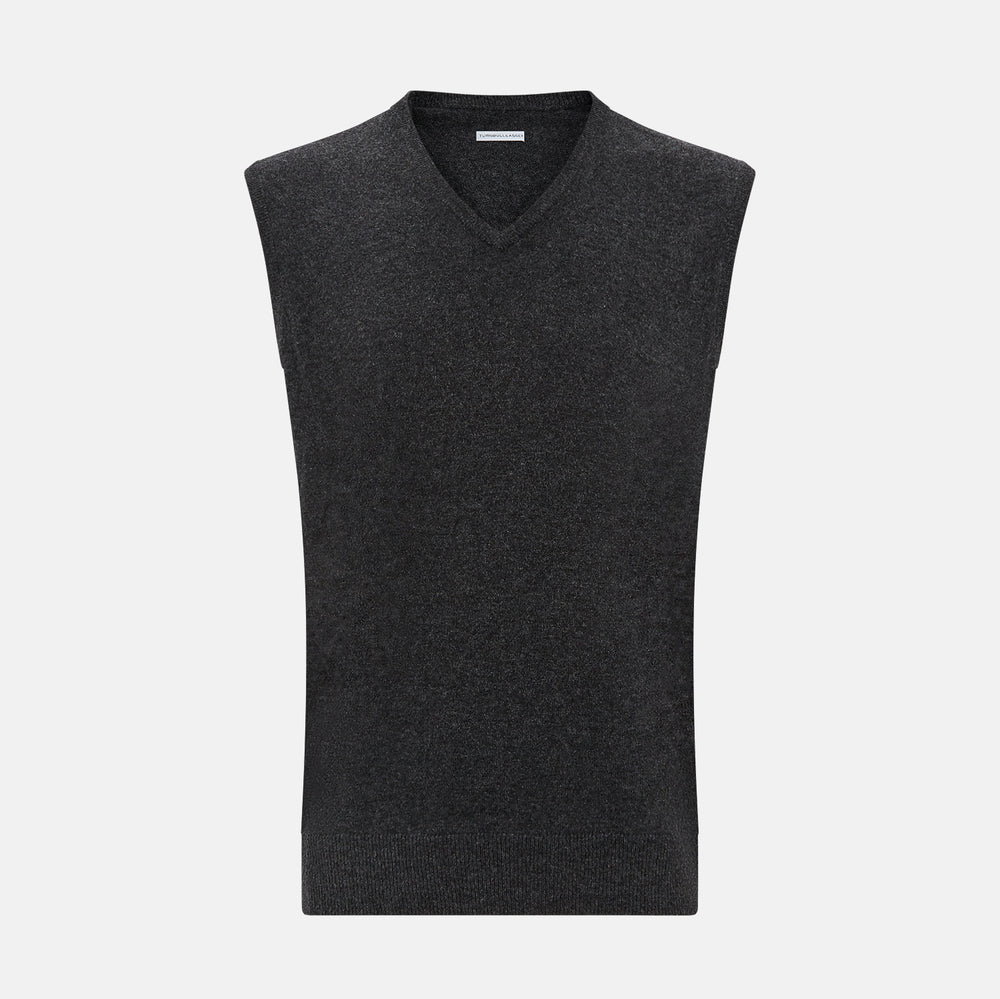 The Turnbull & Asser Charcoal Grey Melange V-Neck Sleeveless Cashmere Vest is shown against a plain white background.