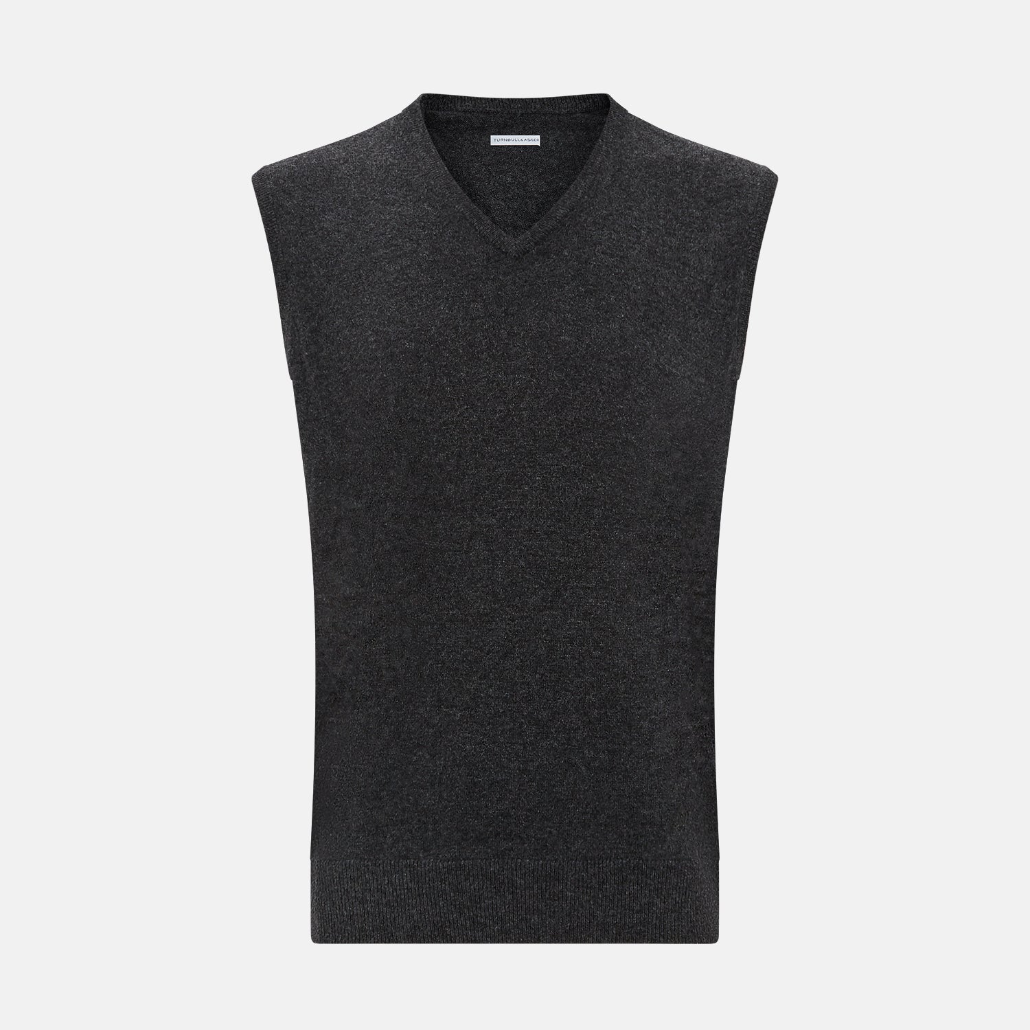 View 1 of product The Turnbull & Asser Charcoal Grey Melange V-Neck Sleeveless Cashmere Vest is shown against a plain white background.