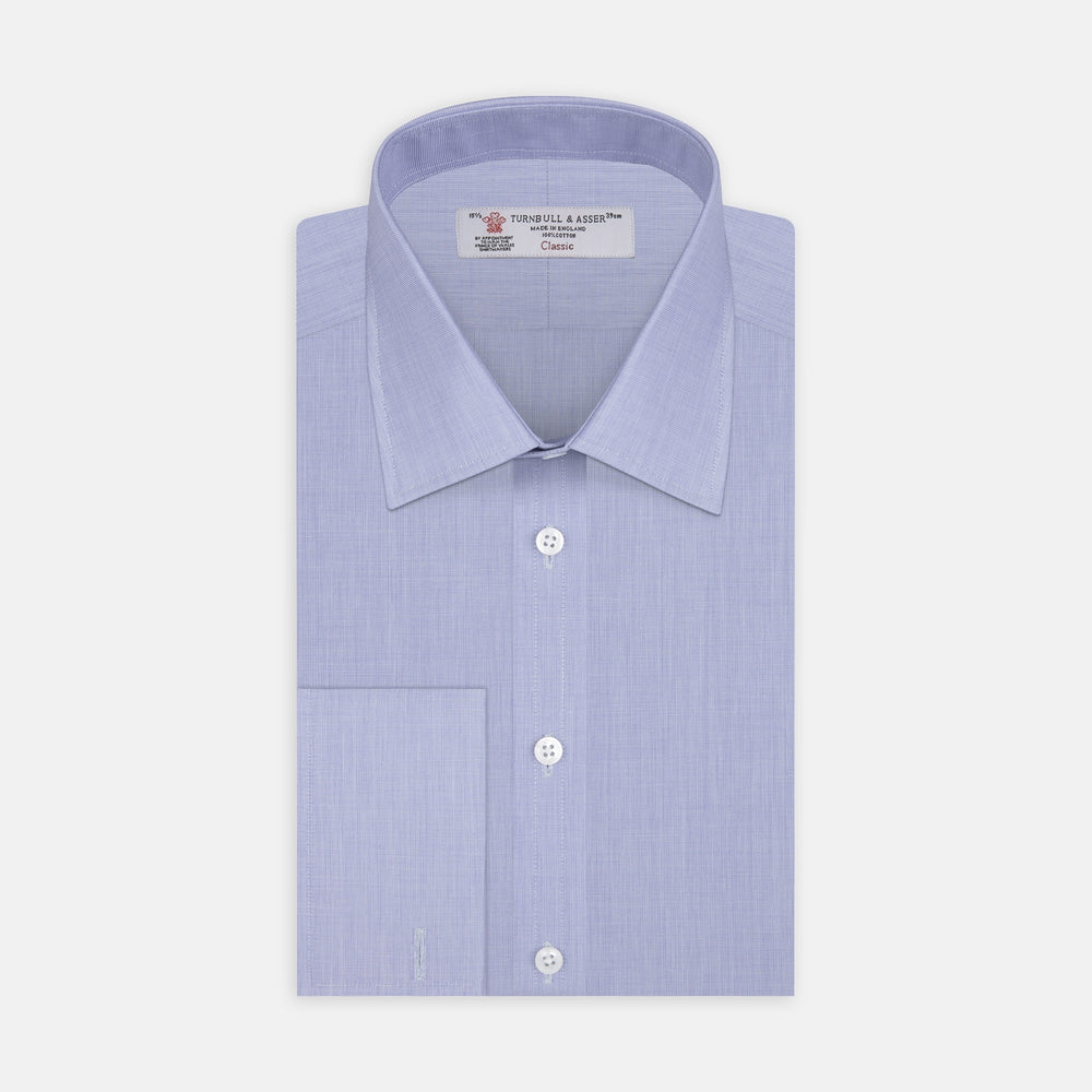 The Turnbull & Asser Blue End-on-End Cotton Shirt features a T&A collar, double cuffs, and white buttons—ideal for smart looks or pairing with a navy suit. Displayed against a plain white background.