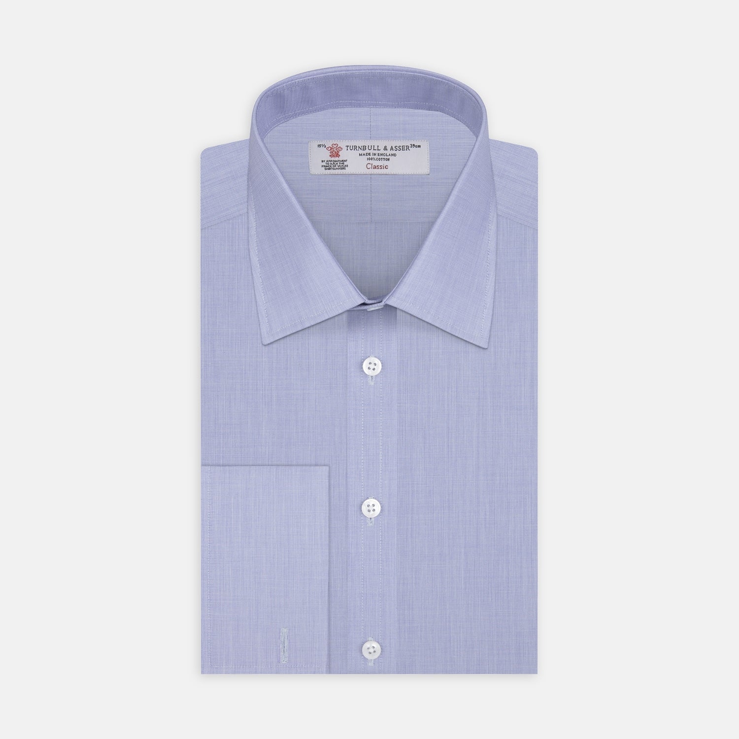 View 1 of product The Turnbull & Asser Blue End-on-End Cotton Shirt features a T&A collar, double cuffs, and white buttons—ideal for smart looks or pairing with a navy suit. Displayed against a plain white background.