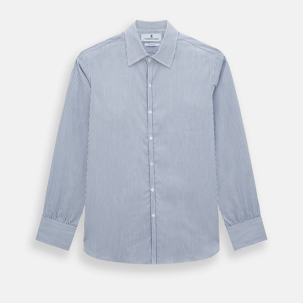 The Turnbull & Asser Navy and White Stripe Westminster Shirt features thin vertical stripes, a Turnbull collar, long sleeves, and classic British craftsmanship, shown flat on a white background.