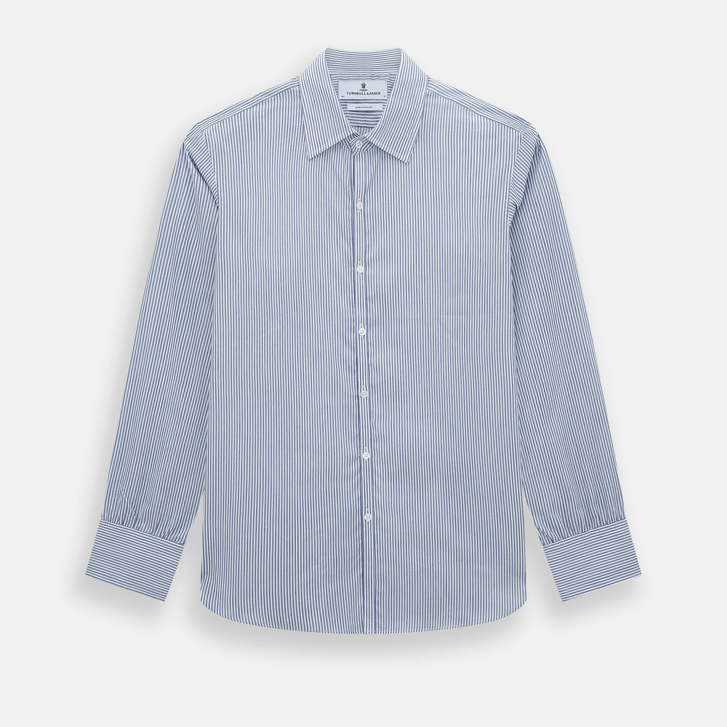 View 1 of product The Turnbull & Asser Navy and White Stripe Westminster Shirt features thin vertical stripes, a Turnbull collar, long sleeves, and classic British craftsmanship, shown flat on a white background.