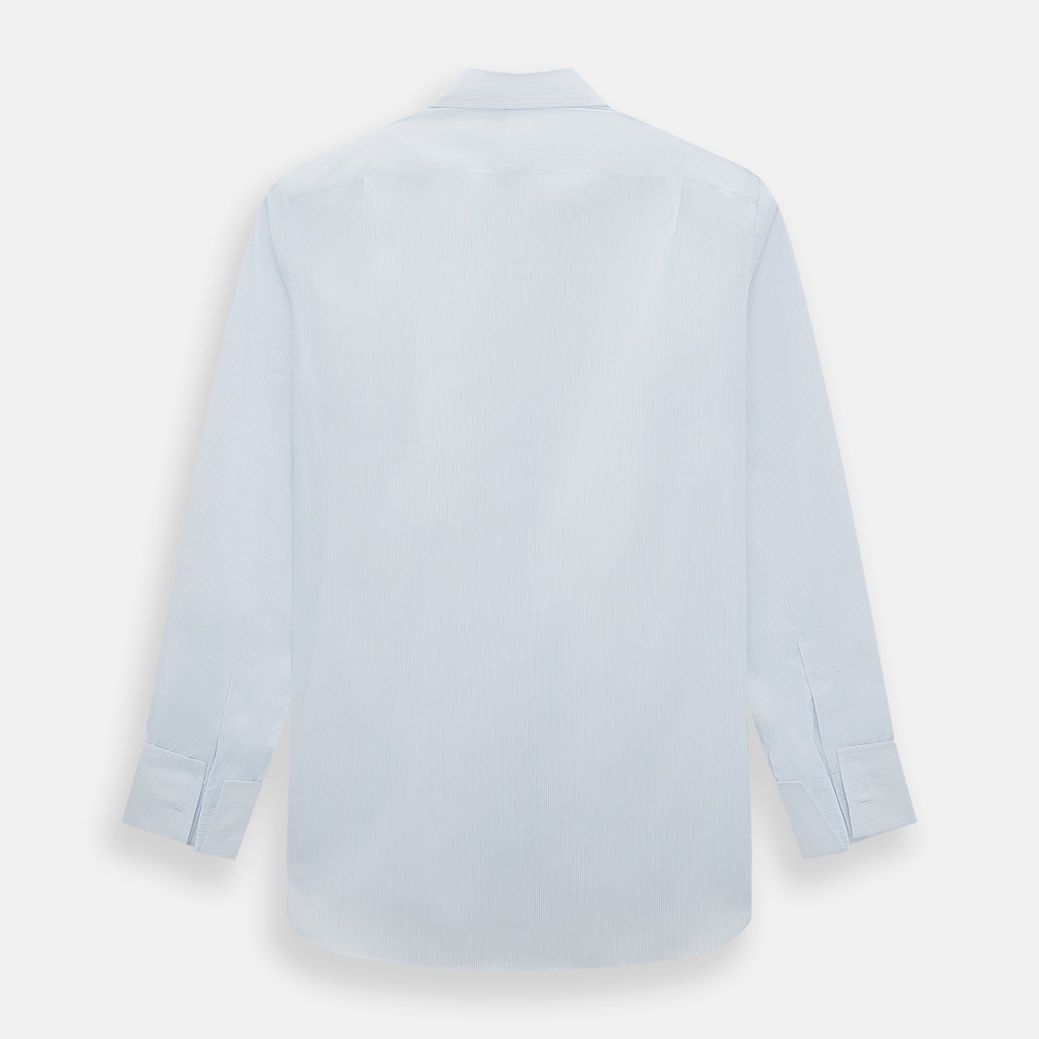 View 3 of product The Turnbull & Asser Blue and White Thin Stripe Shirt features a T&A collar and double cuffs, shown against a plain white background.