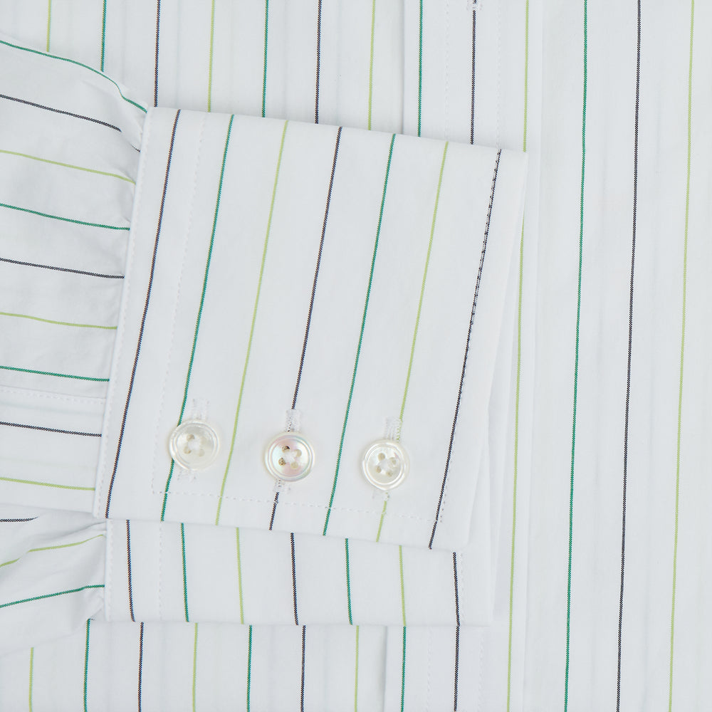 A Green Wide Pinstripe Mayfair Shirt by Turnbull & Asser, featuring long sleeves, a button-up front, and a T&A collar, is shown flat on a white background.