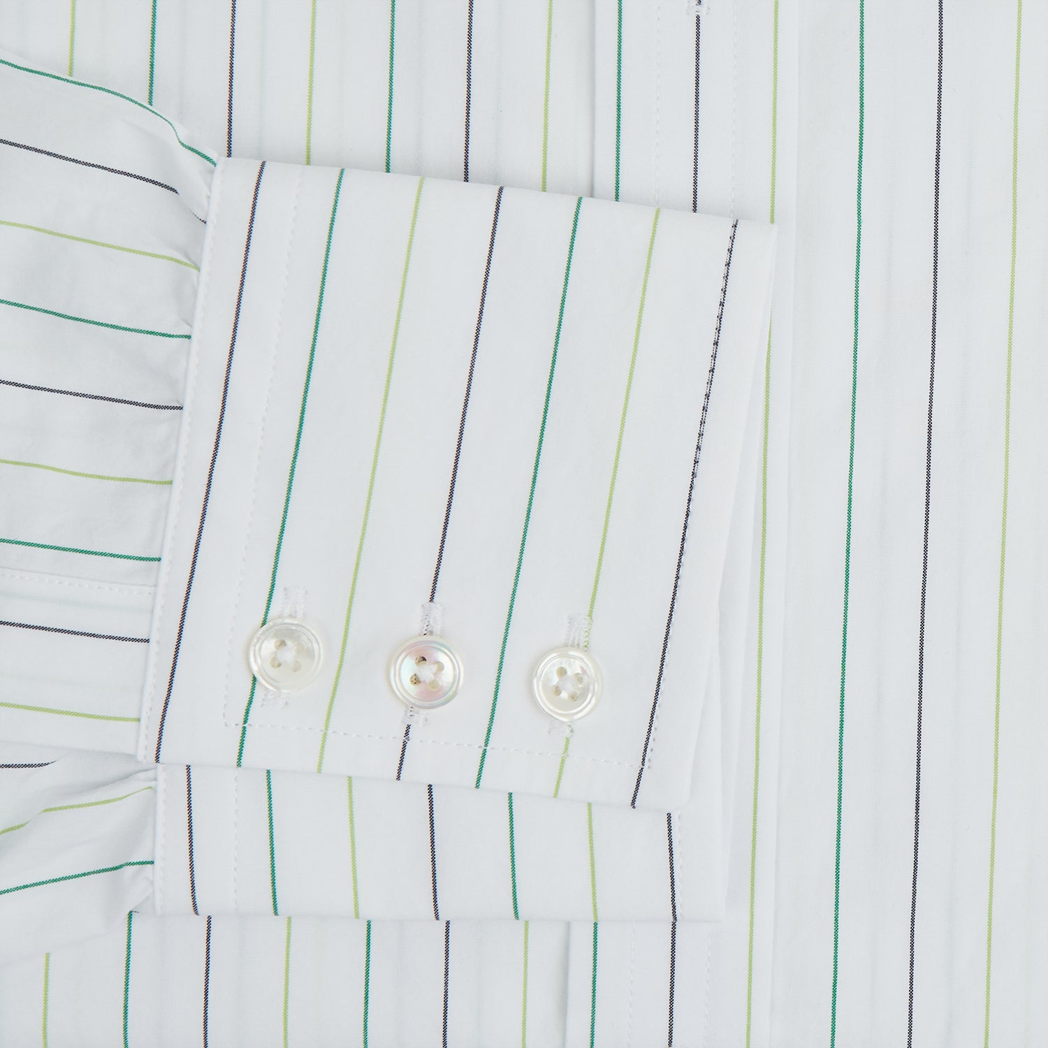 View 4 of product A Green Wide Pinstripe Mayfair Shirt by Turnbull & Asser, featuring long sleeves, a button-up front, and a T&A collar, is shown flat on a white background.