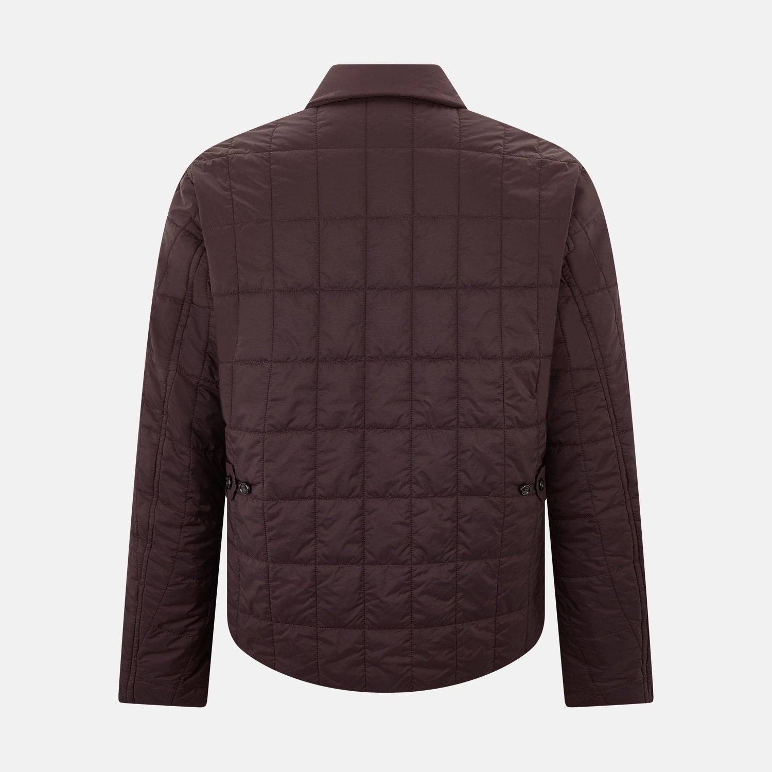 View 3 of product The Battersea Burgundy Quilted Jacket by Turnbull & Asser is a men's elegant outerwear featuring a front zipper, zippered side pockets, chest pocket, pointed collar, and buttoned cuffs, shown on a plain white background.
