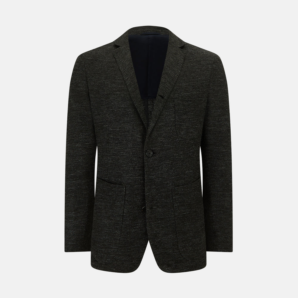 The Charcoal Linen Blend Cambridge blazer by Turnbull & Asser features British tailoring with a notched lapel, two front buttons, and three pockets, shown against a plain white background.