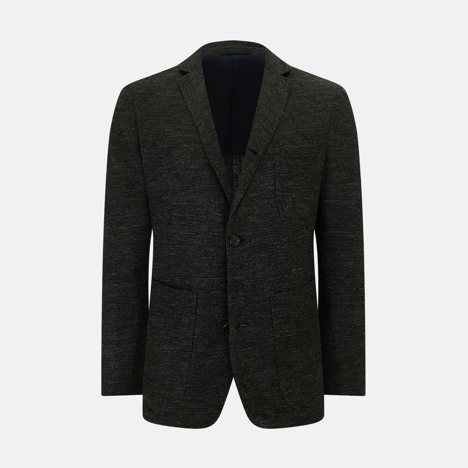 View 1 of product The Charcoal Linen Blend Cambridge blazer by Turnbull & Asser features British tailoring with a notched lapel, two front buttons, and three pockets, shown against a plain white background.