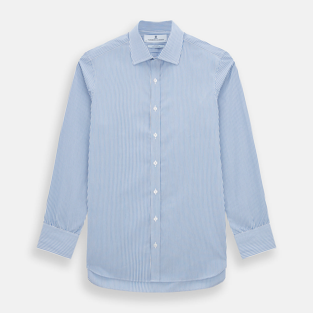 The Sky Blue Halo Stripe Mayfair Shirt by Turnbull & Asser, a long-sleeved button-up with thin blue and white vertical stripes, classic collar and cuffs, is shown laid flat on a white background.