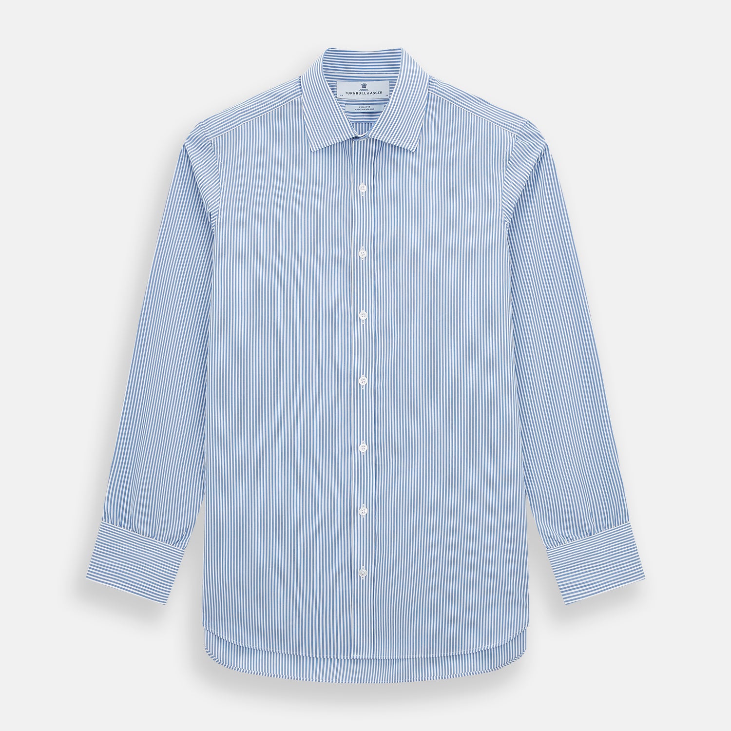 View 1 of product The Sky Blue Halo Stripe Mayfair Shirt by Turnbull & Asser, a long-sleeved button-up with thin blue and white vertical stripes, classic collar and cuffs, is shown laid flat on a white background.
