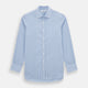 The Sky Blue Halo Stripe Mayfair Shirt by Turnbull & Asser, a long-sleeved button-up with thin blue and white vertical stripes, classic collar and cuffs, is shown laid flat on a white background.