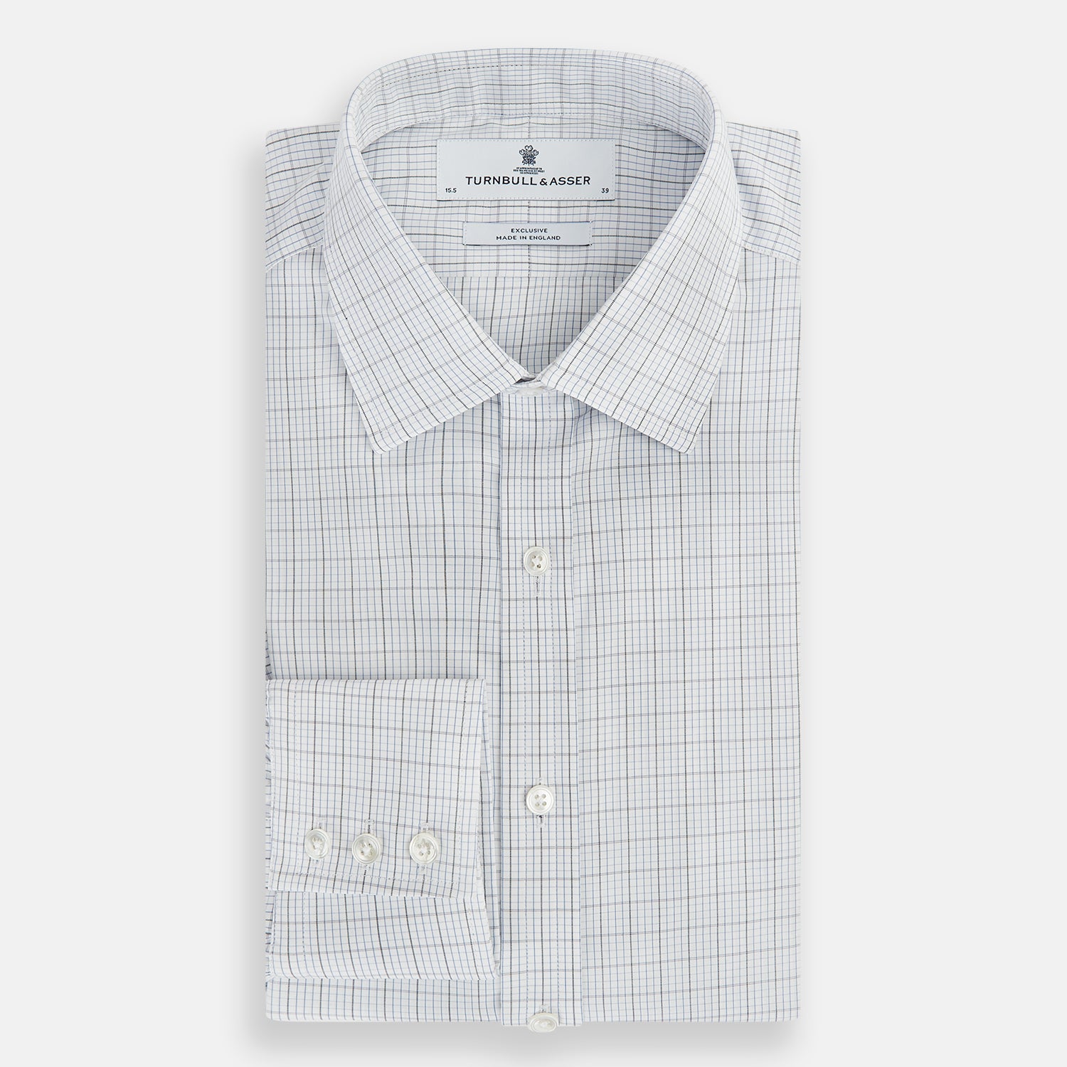 View 5 of product The Turnbull & Asser Navy and Blue Multi Grid Check Mayfair Shirt is a long-sleeve, button-up Italian cotton shirt with a collar and cuffs, featuring a blue grid check pattern, shown against a plain white background.
