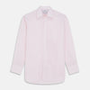 View 1 of product The Turnbull & Asser White and Pink Wide Stripe Mayfair Shirt features long sleeves, a collar, and bold vertical stripes, shown laid flat on a white background.