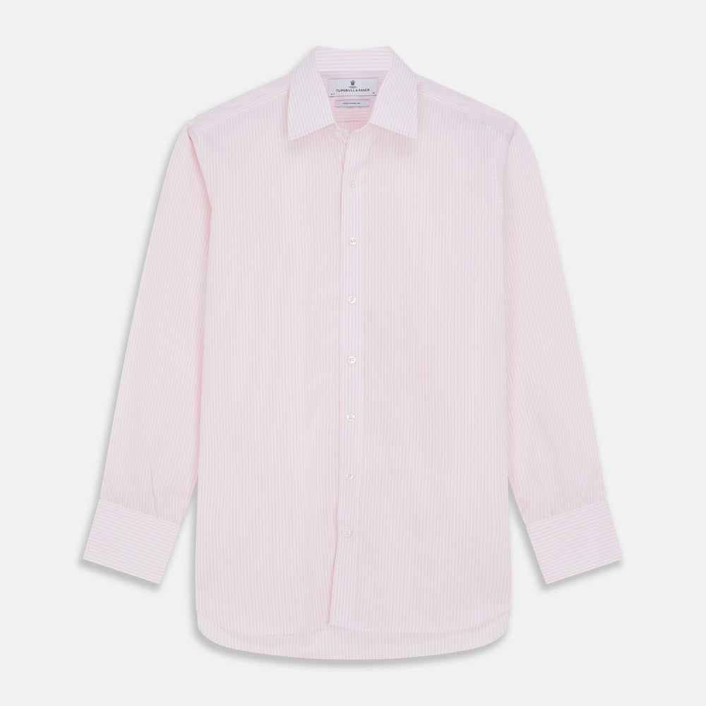 The Turnbull & Asser White and Pink Wide Stripe Mayfair Shirt features long sleeves, a collar, and bold vertical stripes, shown laid flat on a white background.