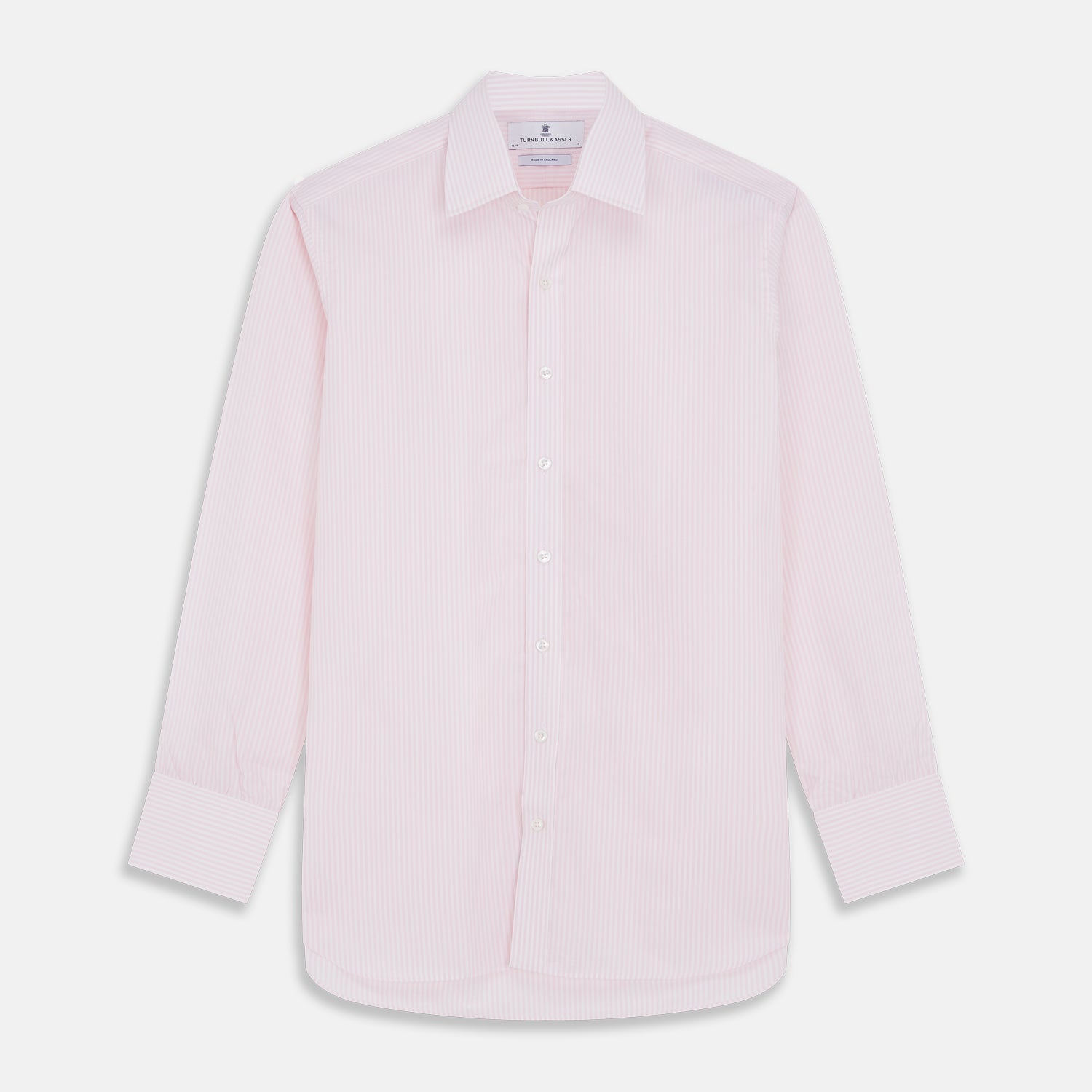 View 1 of product The Turnbull & Asser White and Pink Wide Stripe Mayfair Shirt features long sleeves, a collar, and bold vertical stripes, shown laid flat on a white background.