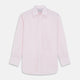 The Turnbull & Asser White and Pink Wide Stripe Mayfair Shirt features long sleeves, a collar, and bold vertical stripes, shown laid flat on a white background.