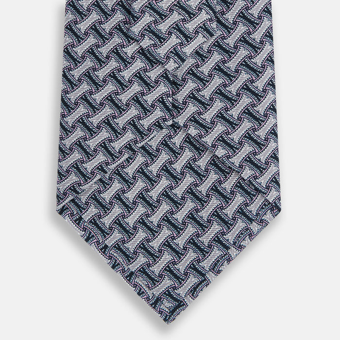Navy and Pink Weave-Patterned Printed Silk Tie Image 2