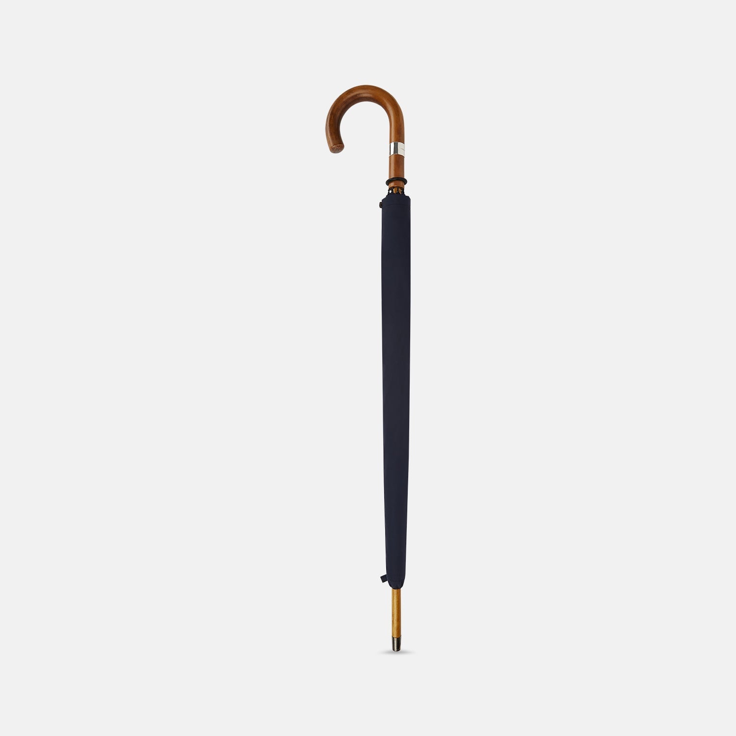 View 2 of product The Turnbull & Asser Navy Traveller Umbrella features a Malacca crook handle and is shown open against a plain white background.