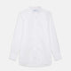 The White Cotton Lauren Shirt by Turnbull & Asser, featuring a stand collar, button-down front, and elongated body, is laid flat on a plain white background.