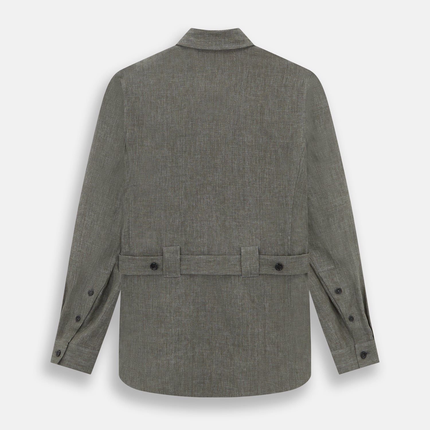 View 3 of product The Olive Linen Holland Shacket by Turnbull & Asser is a lightweight olive button-up jacket in Irish linen with a collar, two front pockets, one chest pocket, and slanted hem pockets—ideal outerwear shown on a plain white background.