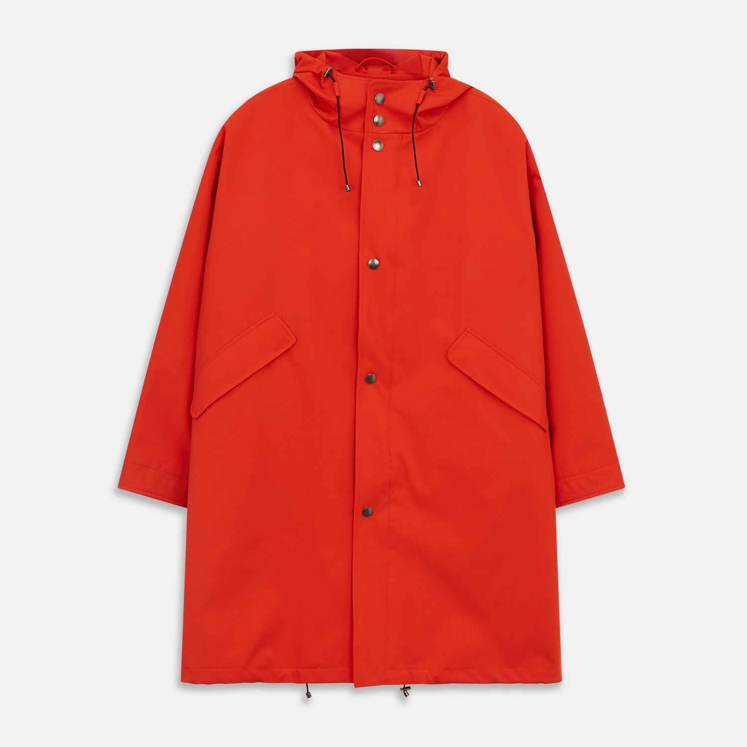 View 2 of product Wearing the Turnbull & Asser Red Walter Sealup Parka with Detachable Liner, black pants, and white sneakers, a person stands in profile against a plain light background—perfect for travel.