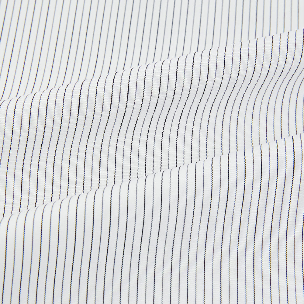 The Turnbull & Asser Midnight Blue and Grey Fine Stripe Mayfair Shirt features long sleeves, pure cotton fabric, a pointed collar, button-down front, and buttoned cuffs—ideal for formal wear.