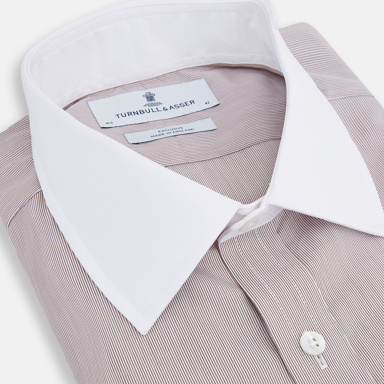 View 2 of product A Turnbull & Asser Burgundy Hairline Stripe Shirt with a contrast white collar and double cuffs, showcasing a tailored fit and button-down front, displayed against a plain white background.