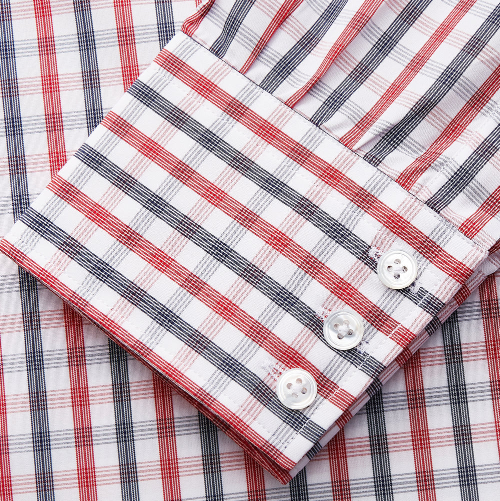 The Turnbull & Asser Navy and Red Check Cotton Regular Fit Mayfair Shirt features a classic T&A collar and long sleeves, shown laid flat on a white background.