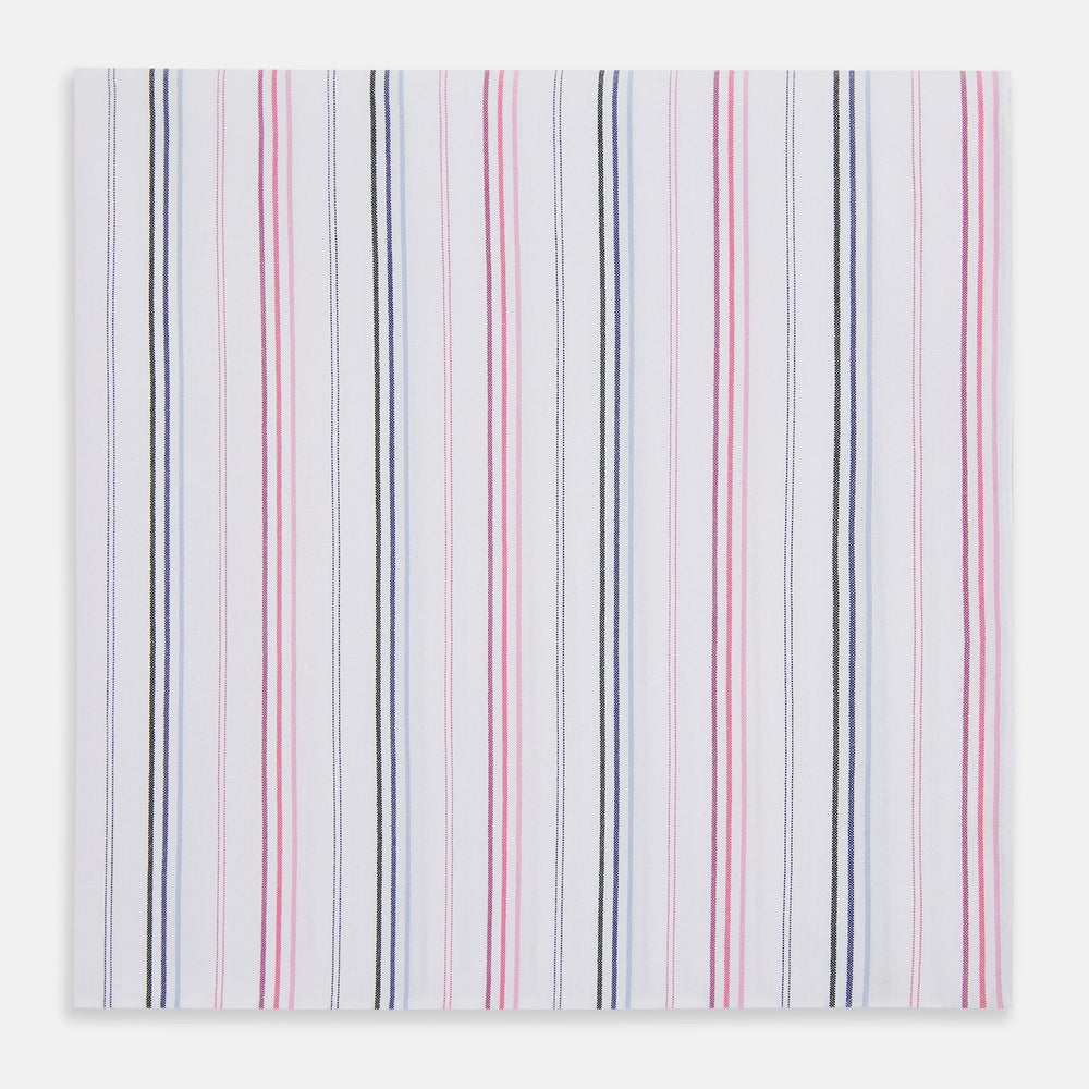 The Turnbull & Asser Hand Rolled Pink and Blue Multi Stripe Handkerchief features evenly spaced vertical stripes on white—a refined pocket square and essential gentleman's accessory.