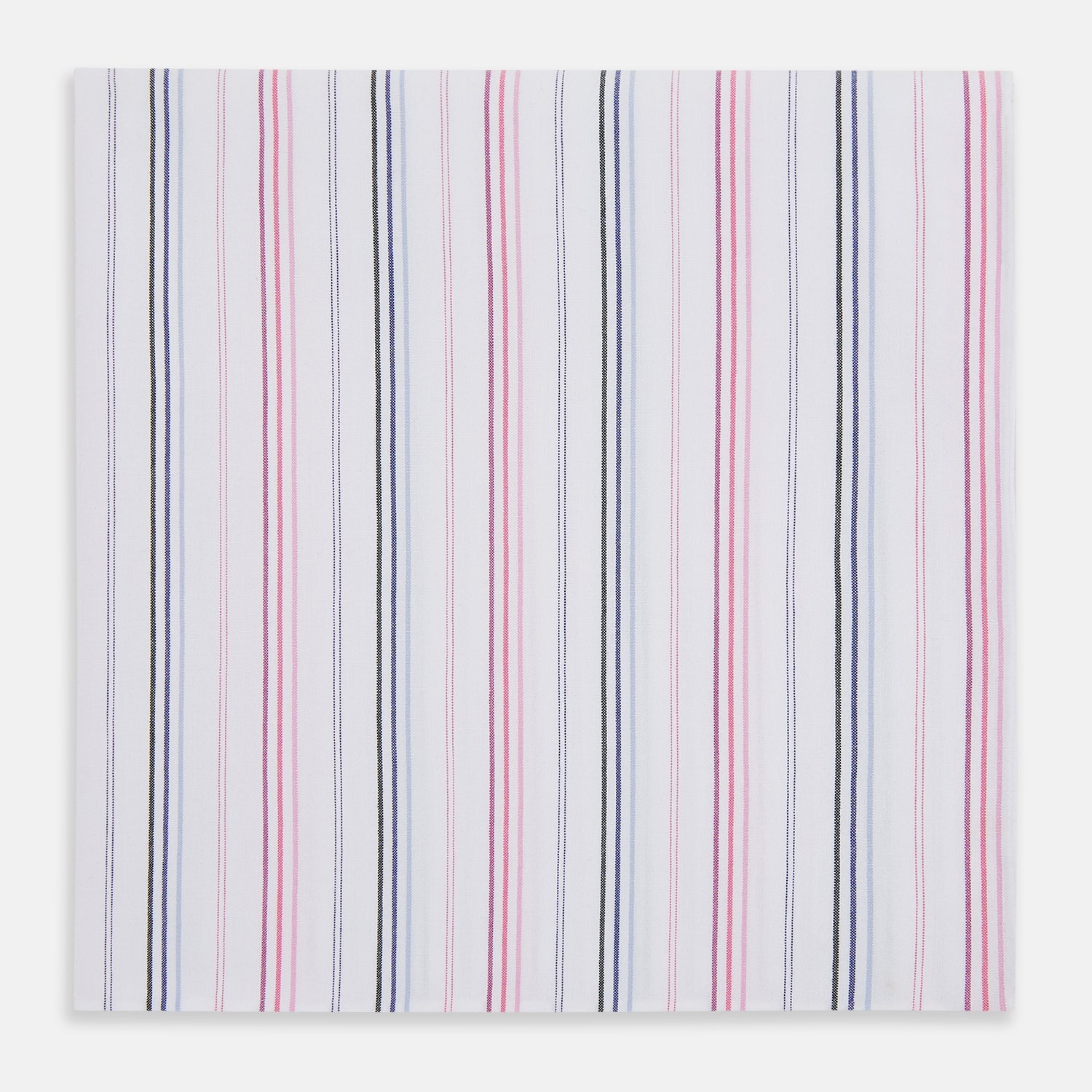 View 1 of product The Turnbull & Asser Hand Rolled Pink and Blue Multi Stripe Handkerchief features evenly spaced vertical stripes on white—a refined pocket square and essential gentleman's accessory.