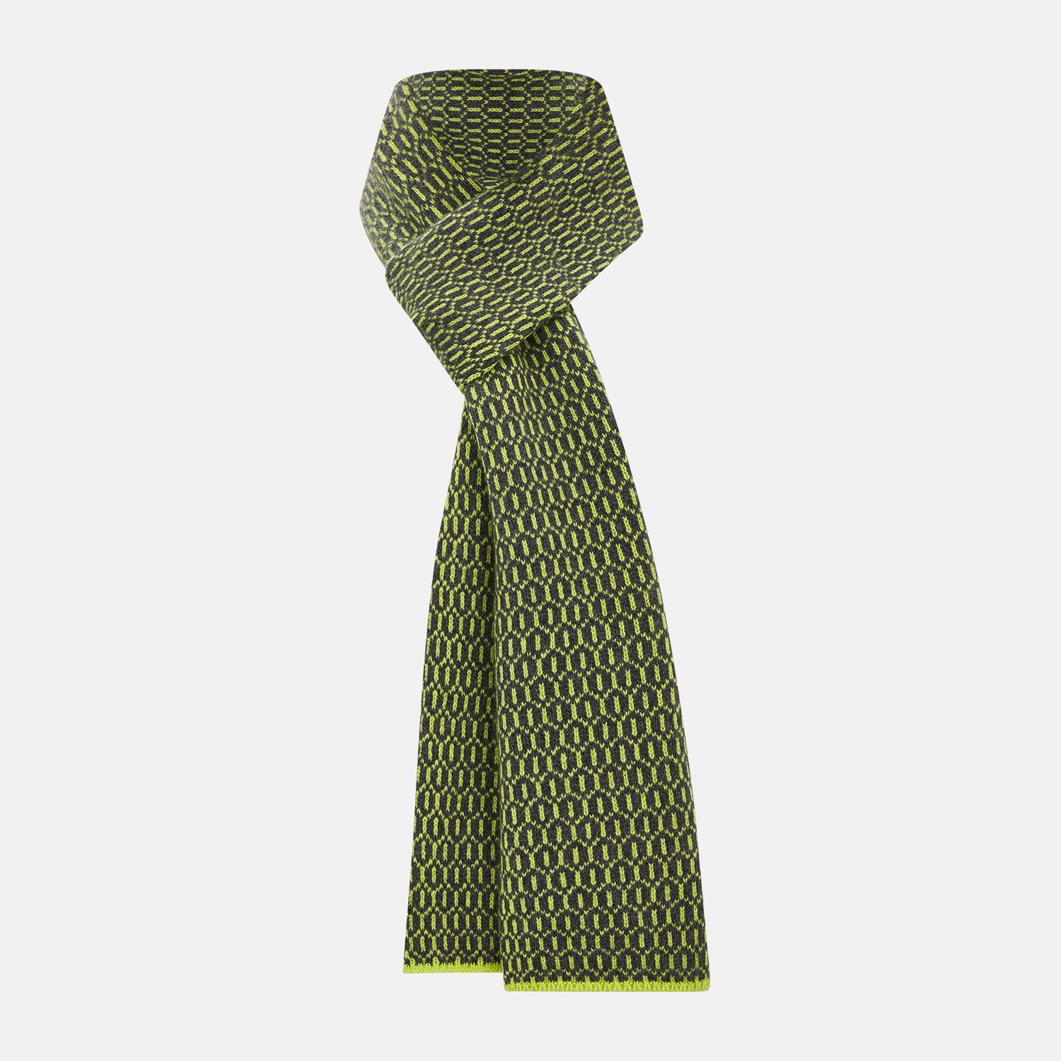 View 1 of product The Turnbull & Asser Graphite and Chartreuse Lemon Hexagon Cashmere Knitted Scarf features a geometric pattern in green and yellow tones, neatly folded to show both ends—an essential accessory with luxurious softness.