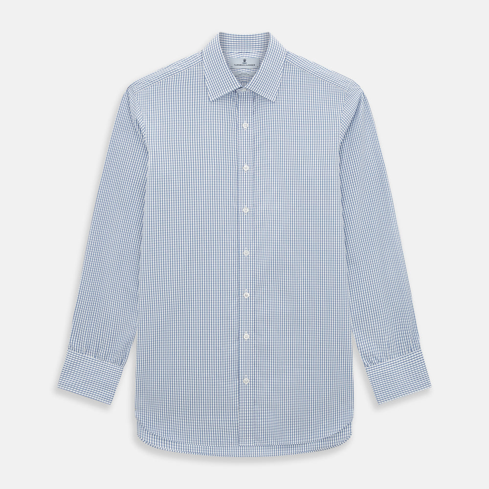 The Sky Blue Micro Shadow Check Mayfair Shirt by Turnbull & Asser features long sleeves, a classic collar, buttoned cuffs, and a light blue and white micro check pattern—showcasing refined British craftsmanship.