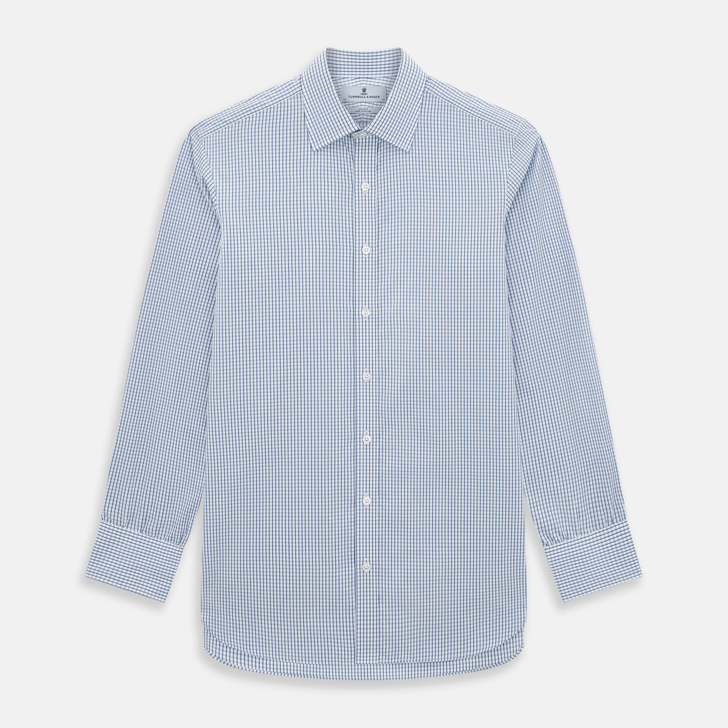 View 1 of product The Sky Blue Micro Shadow Check Mayfair Shirt by Turnbull & Asser features long sleeves, a classic collar, buttoned cuffs, and a light blue and white micro check pattern—showcasing refined British craftsmanship.