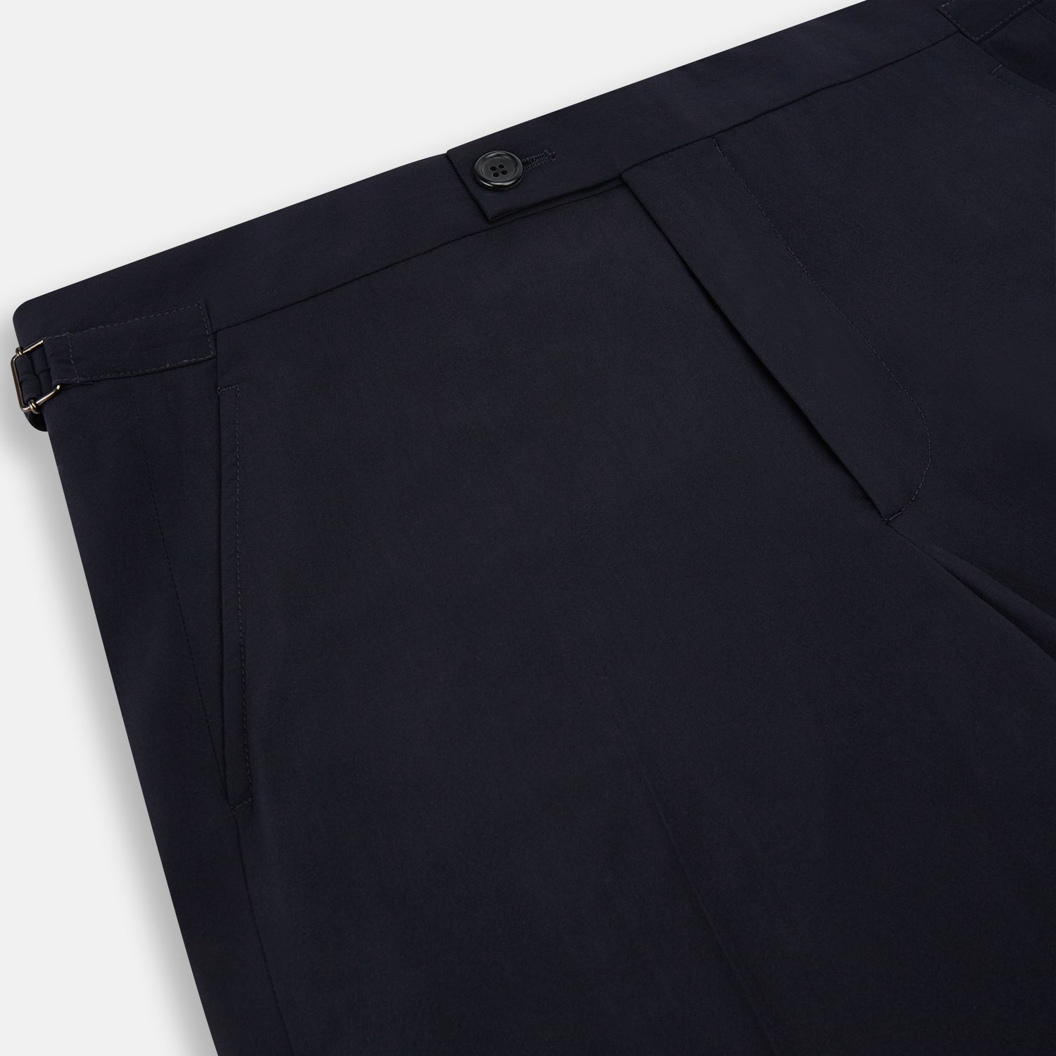 View 2 of product A pair of Midnight Blue Wool Henry Trousers by Turnbull & Asser, with a button closure and straight legs, shown against a plain white background.