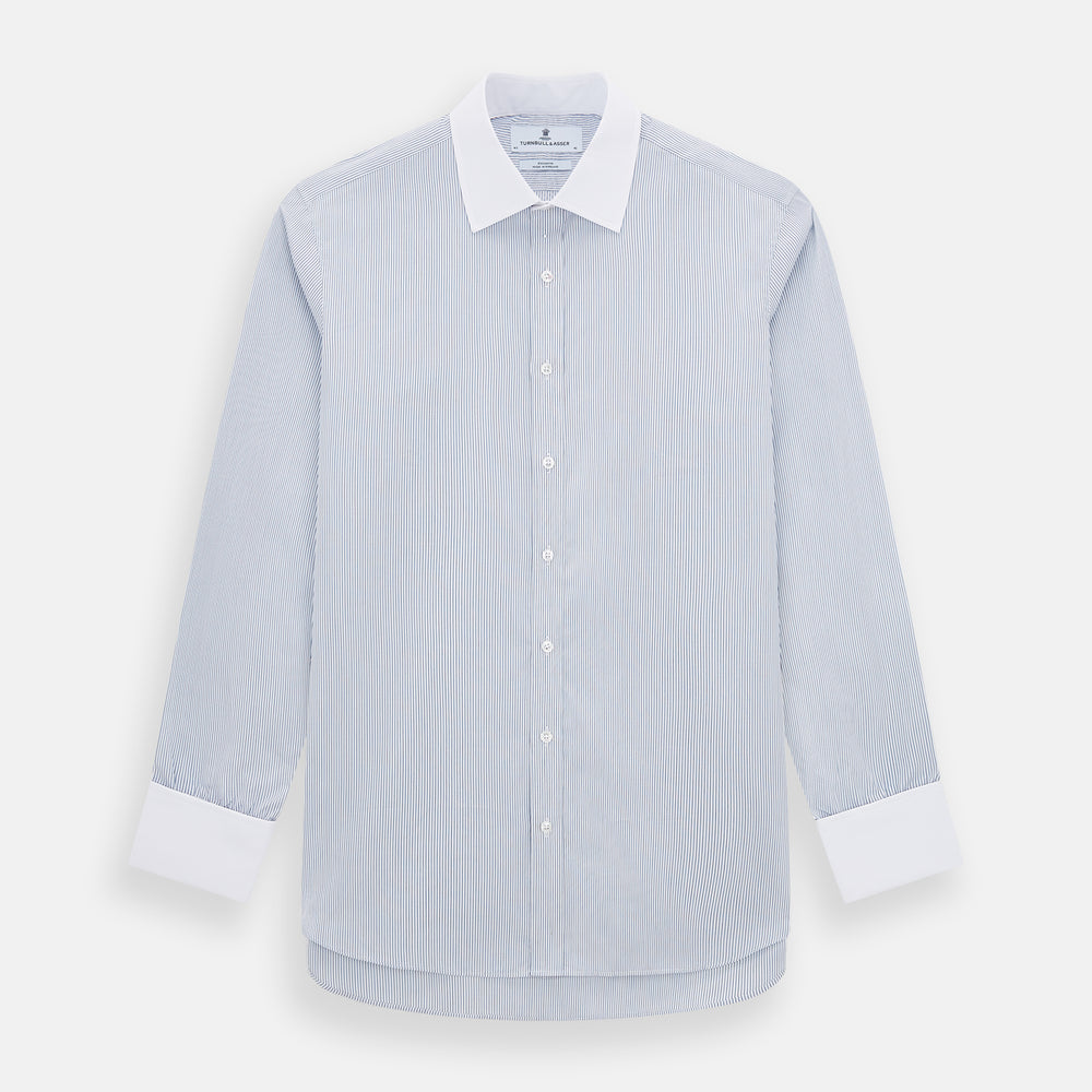 The Turnbull & Asser Navy and Blue Ticking Stripe Shirt features a contrast white collar and double cuffs, displayed on a plain white background. Tailored in the sleek Mayfair fit, it’s ideal for formal attire.
