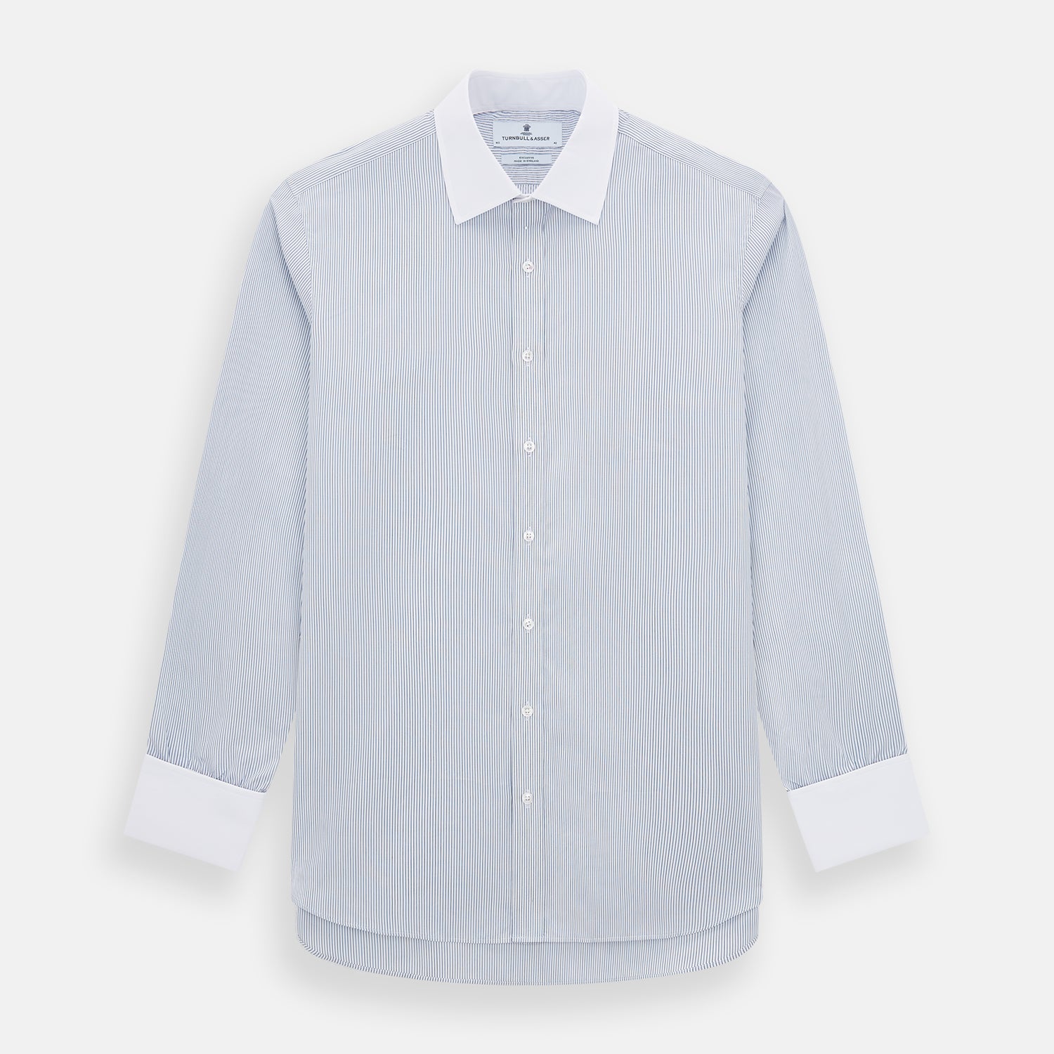 View 1 of product The Turnbull & Asser Navy and Blue Ticking Stripe Shirt features a contrast white collar and double cuffs, displayed on a plain white background. Tailored in the sleek Mayfair fit, it’s ideal for formal attire.