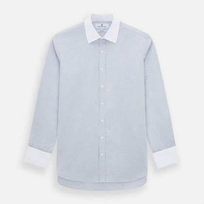 Navy and Blue Ticking Stripe Shirt with Contrast Collar and Double Cuffs