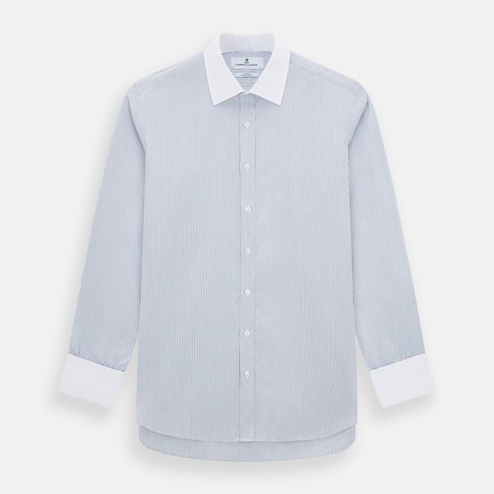 Navy and Blue Ticking Stripe Shirt with Contrast Collar and Double Cuffs